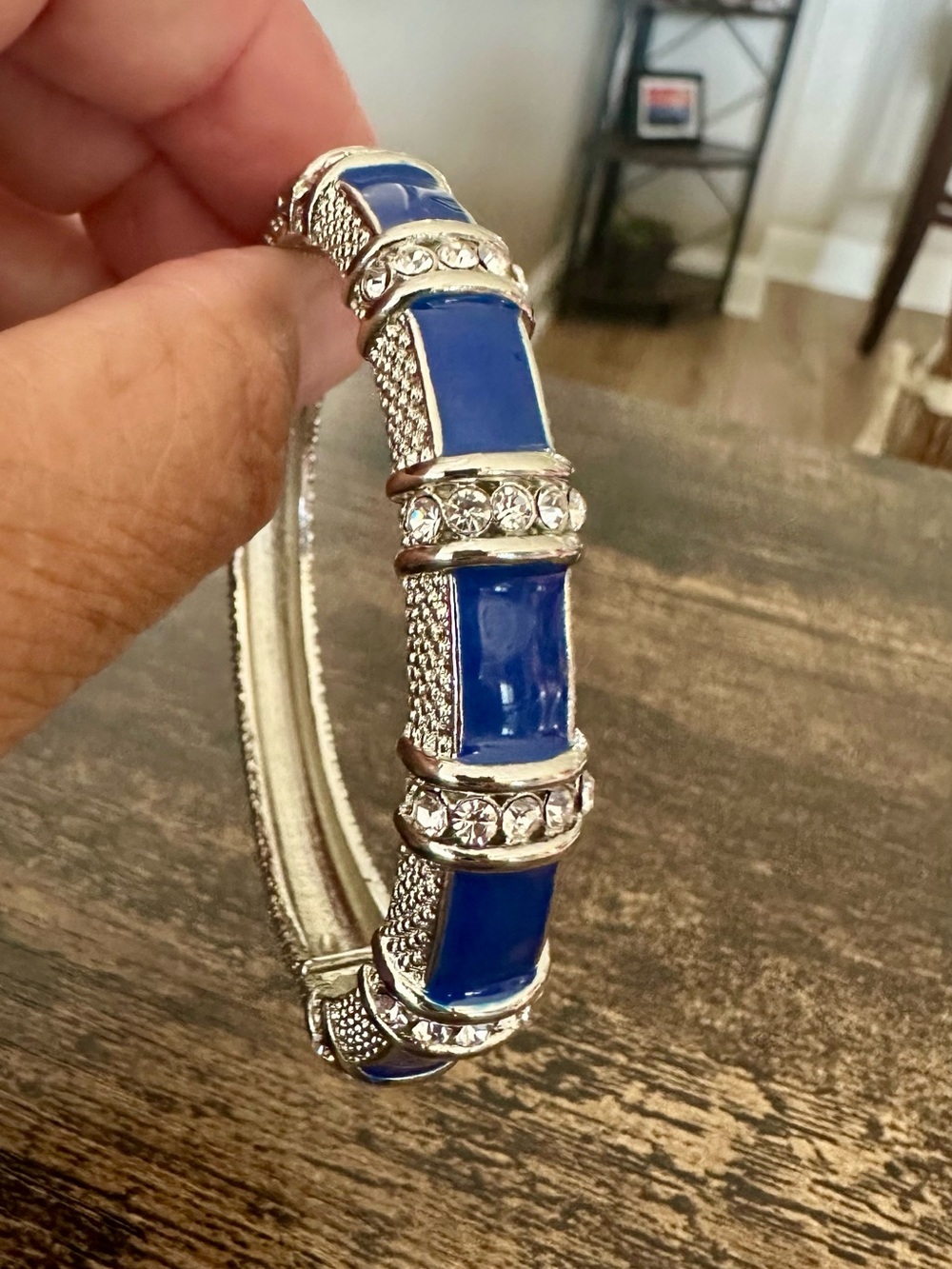 Silver-Tone Blue Enamel and CZ Hinged Bangle Bracelet